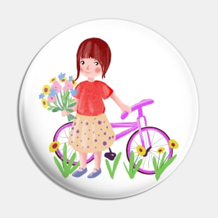 cartoon girl with a bicycle and a bouquet of wildflowers Pin