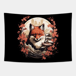 Red Fox Japanese Art with Sakura Trees Tapestry