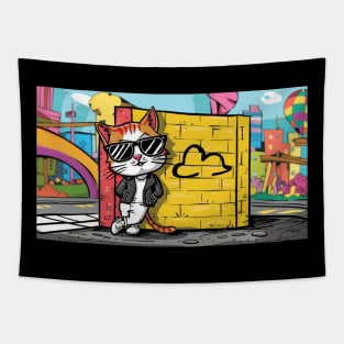 Cool Cat Chronicles: Whimsical Feline in Shades & Leather Jacket Tapestry