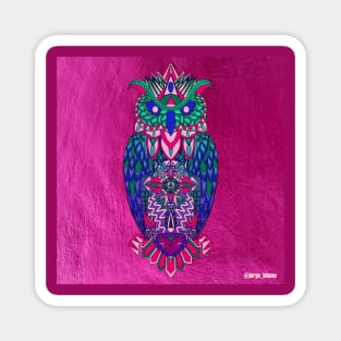 owl in pink kitsch magical zentangle art in totonac patterns of love and flowers Magnet