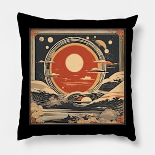 total solar eclipse 2024 japanese beach vintage style Pillow