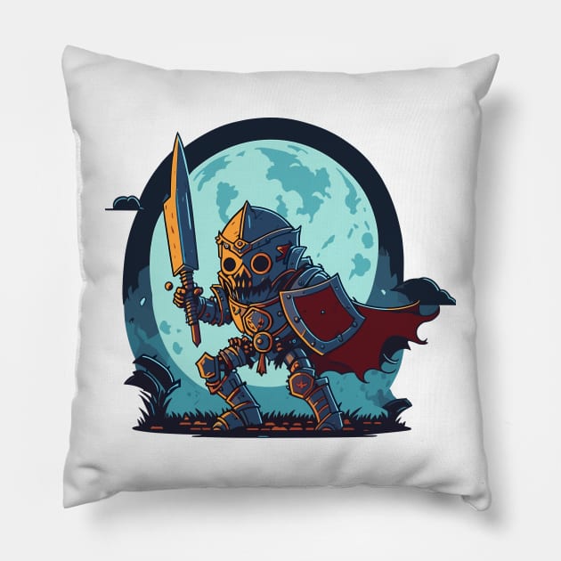 Skeleton Knight under Moon Light Pillow by Ikatika