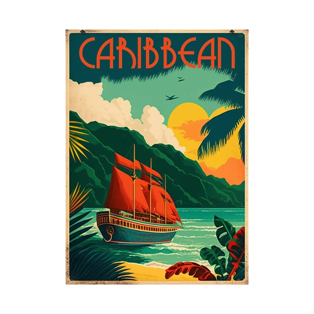 Caribbean Coastline Vintage Travel Art Poster by OldTravelArt