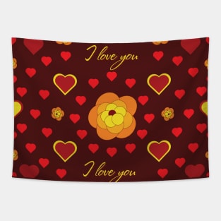 Golden flowers on a red background and a heart with the words "I love you". St. Valentine's Day. Tapestry