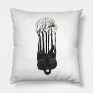 BLACK WOLF BARCODE in the woods illustration Pillow