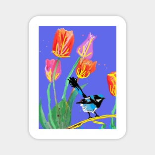 Abstract Blue Wren and Tulips Painting - on Purple Magnet