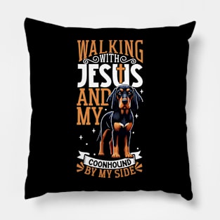 Jesus and dog - Black and Tan Coonhound Pillow