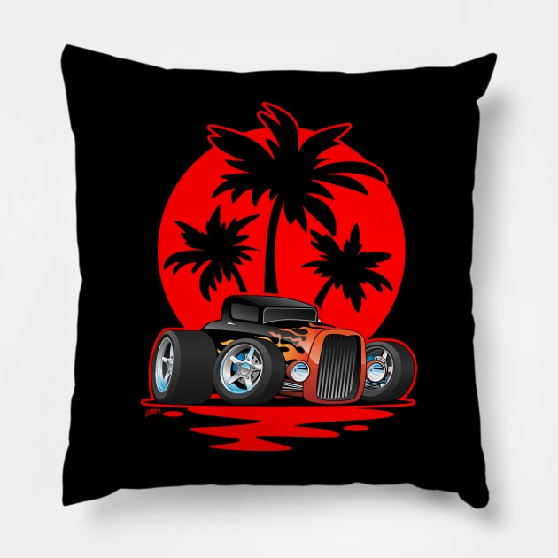 Classic 30s Style Hot Rod Car at Sunset with Palm Trees Pillow by hobrath