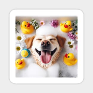 very happy dog laid back and relaxing in the bubble bath Magnet