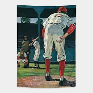 Vintage Sports Baseball Players with a  Pitcher on the Mound Tapestry