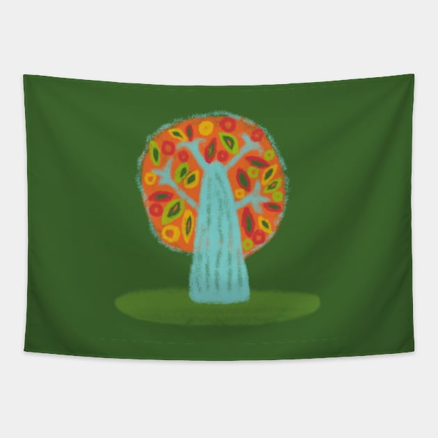 Colorful blue and orange tree on green backdrop in kid's drawing style Tapestry by Magic, Art, Patterns, Beauty!