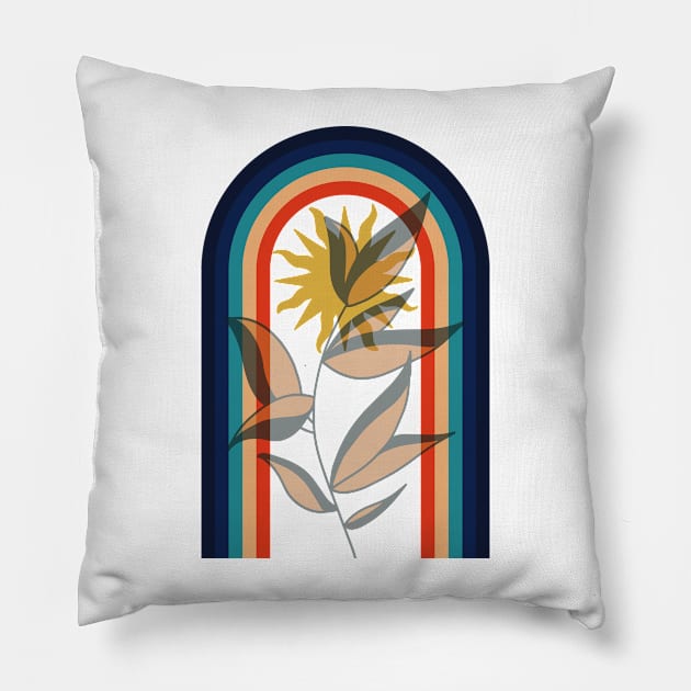 Abstract contemporary aesthetic poster with sun plant and geometric retro 70s rainbow boho wall art Pillow by Modern Art