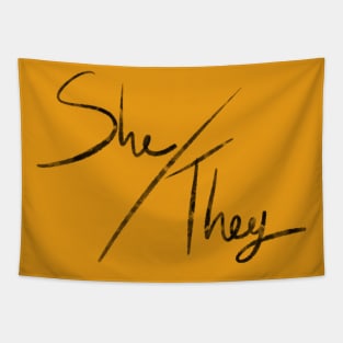 She/They (black & pumpkin) Tapestry