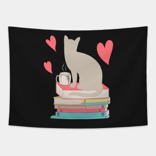 Cat silhouette coffee tea books hearts Tapestry