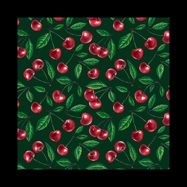 Red cherries on dark green by katerinamk