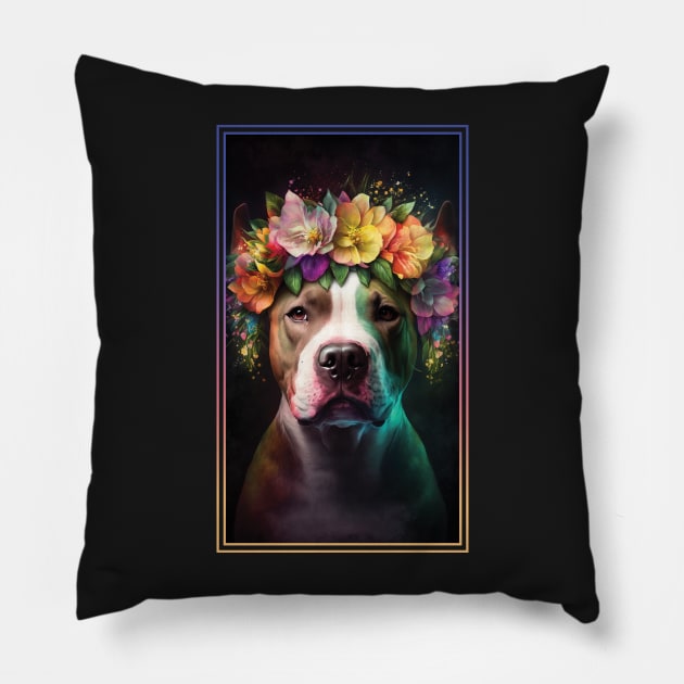 American Staffordshire Terrier Pitbull Vibrant Tropical Flower Tall Digital Oil Painting Portrait  11 Pillow by ArtHouseFlunky