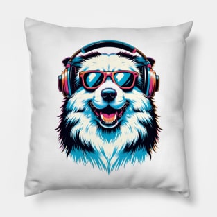 Smiling Pyrenean Shepherd DJ in Colorful Japanese Art Pillow