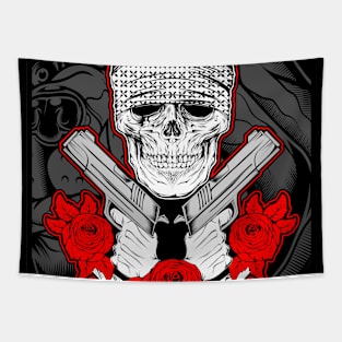 skull with red flowers and arms Tapestry