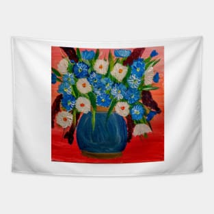 Some mixed abstract flowers in a blue and gold vase Tapestry