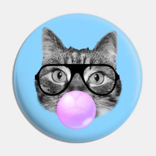 Cute fluffy hipster cat and a pink bubble gum Pin