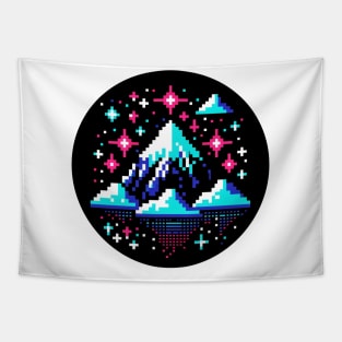 Neon Mountain Majesty: Pixel Art Peak with Starry Sky Tapestry