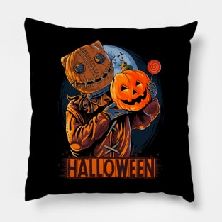 halloween sack masked man carrying pumpkin candy Pillow