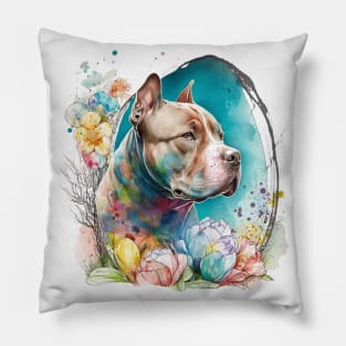 Pitbull Easter Egg Spring Watercolor Painting Dog Lover Art Pillow