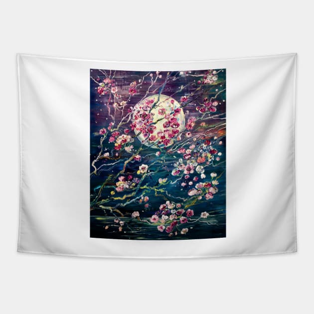 Sakura on a moonlit night Tapestry by NataliaShchip