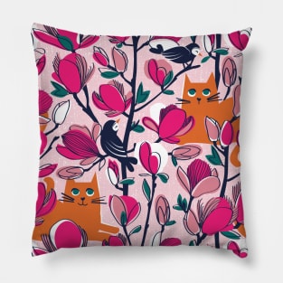 Hello Spring! // pattern // pastel pink background orange tabby cat fuchsia pink Magnolia full bloom navy blue branches birds and lines Pillow