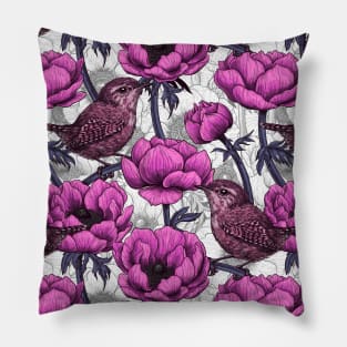 Wrens in the anemone garden Pillow