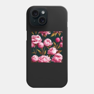 Pretty Pink Peony Flower Pattern on Black Background Phone Case