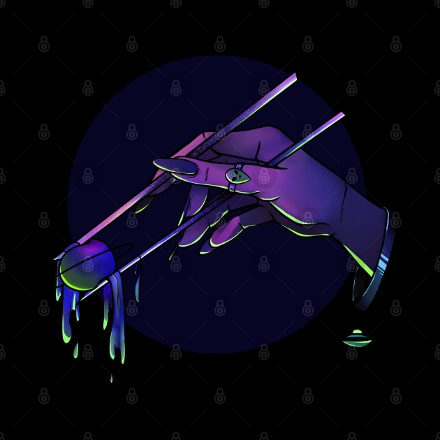 Alien Goddess Eating Neptune with Chopsticks - Vaporwave Aesthetic - Purple & Green Neon by Mia Delilah