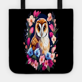 Cute European Barn Owl Surrounded by Bold Vibrant Spring Flowers Tote