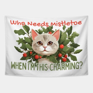 Funny Christmas Cat with Head Emerging from Bushel of Mistletoe Tapestry