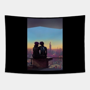 Cyberpunk Women Embracing in City Silhouette Tapestry