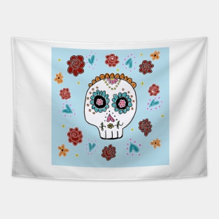 Sugar Skull and Roses pastel blue background Tapestry