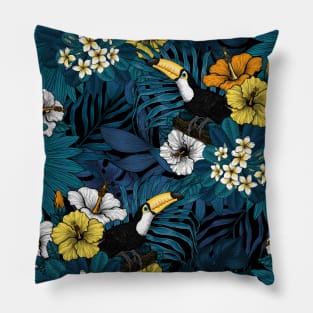 Toucans amd tropical flora, blue , yellow , orange and white Pillow