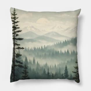 Misty landscape with fir forest Pillow