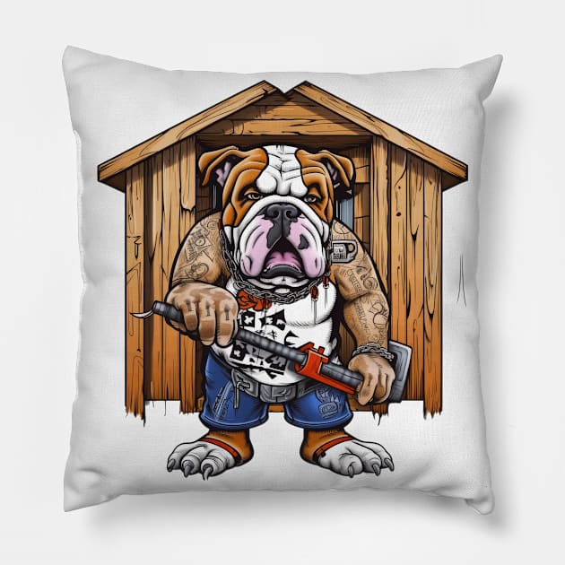 A Carpenter English Bulldog wearing a tool belt and holding a hammer and nails Pillow by teestore_24