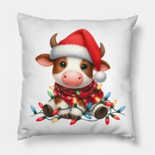 Cow Wrapped In Christmas Lights Pillow