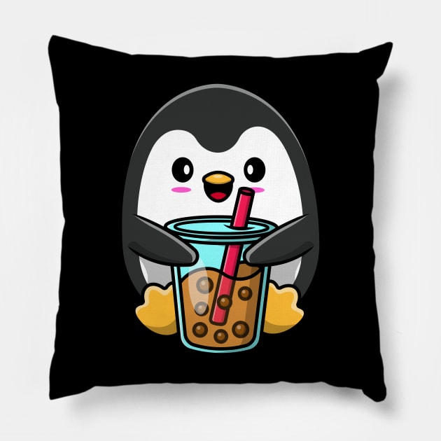 Cute Penguin Loves Bubble tea Pillow by Artist usha