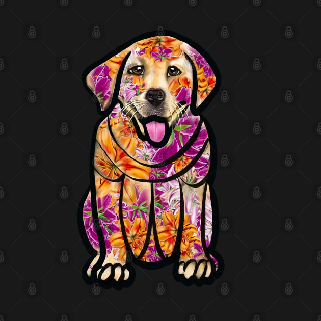 Dogs dog, Labrador retriever in flowers- doggie floral  cute Golden Labrador retriever puppy dog in winter beanie hat by Artonmytee