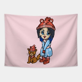 kawaii girl and her cat in matching hats Tapestry