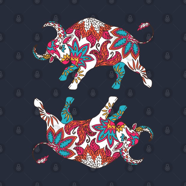 Paisley Oxen (Dark Teal Palette) by illucalliart