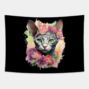 Devon Rex Cat Flowers Water Color Cat Mom Mother's Day Gift Tapestry