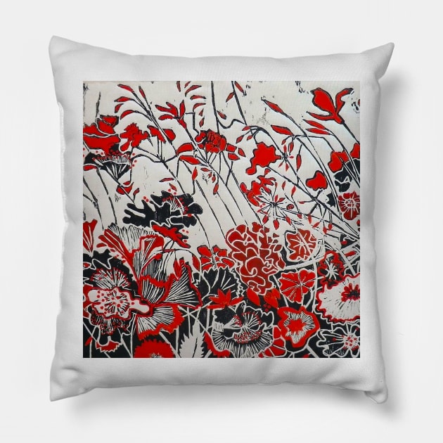 Red Geranium Woodcut Pillow by BillyLee