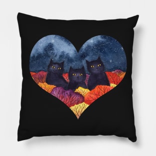 Black Cats Autumn Heart Watercolor Pillow