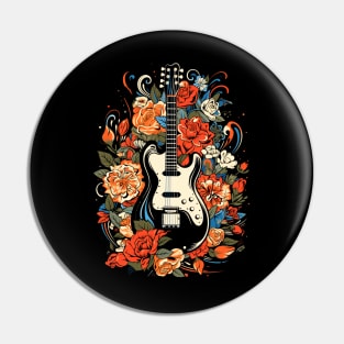 Electric Guitar Retro Red Orange Blue Wild Nature Flowers Pin