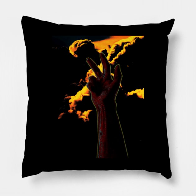 Digital collage and special processing. Hand near clouds. Holy trinity hand gesture. Yellow and orange clouds. Red hand. Pillow by 234TeeUser234