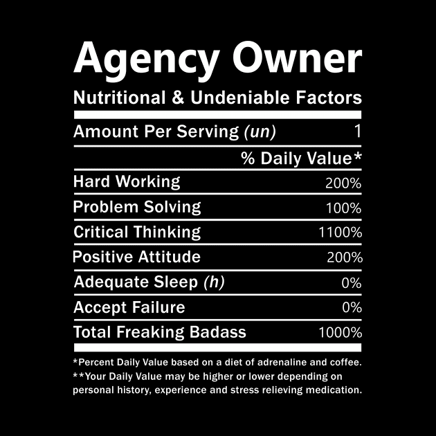 Agency Owner T Shirt - Nutritional and Undeniable Factors Gift Item Tee by Ryalgi